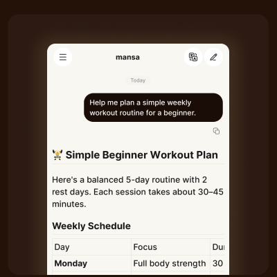 Mansa AI planning a beginner workout routine