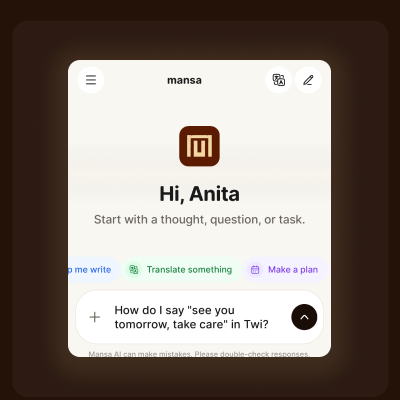 Mansa AI translating a phrase into Twi