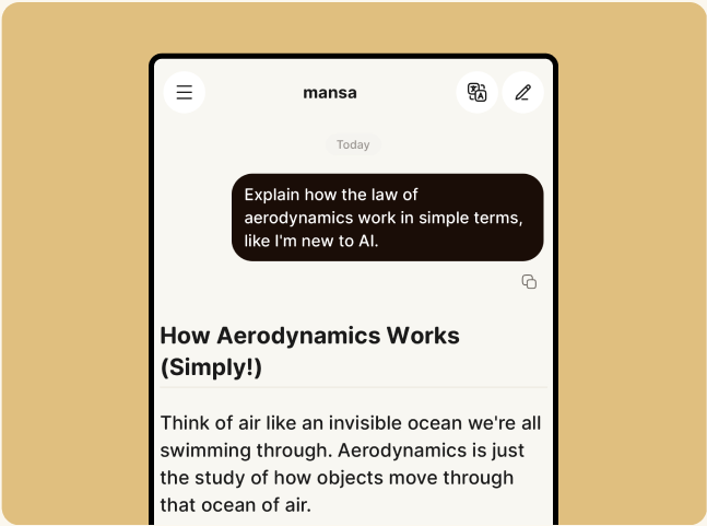 Mansa AI explaining aerodynamics in simple terms