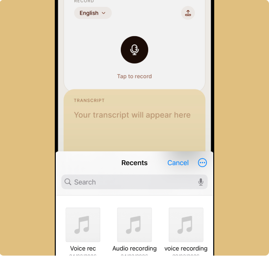 Upload audio to text screen